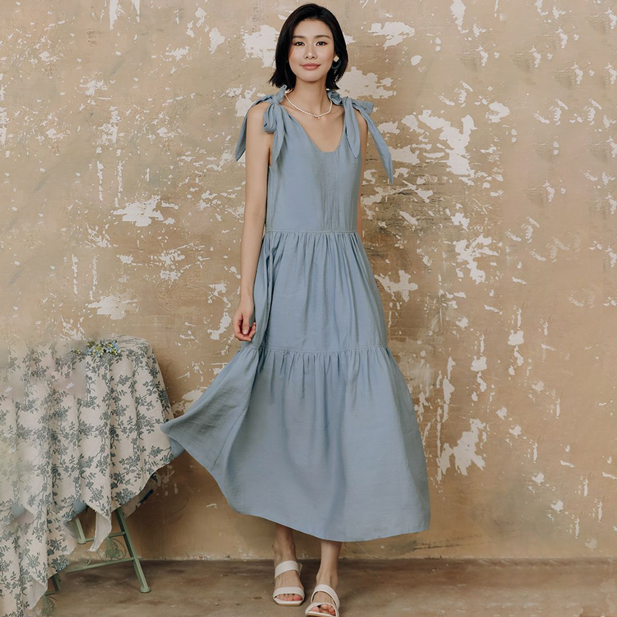 랭썬(LANGSON) LS_Blue bow chiffon dress