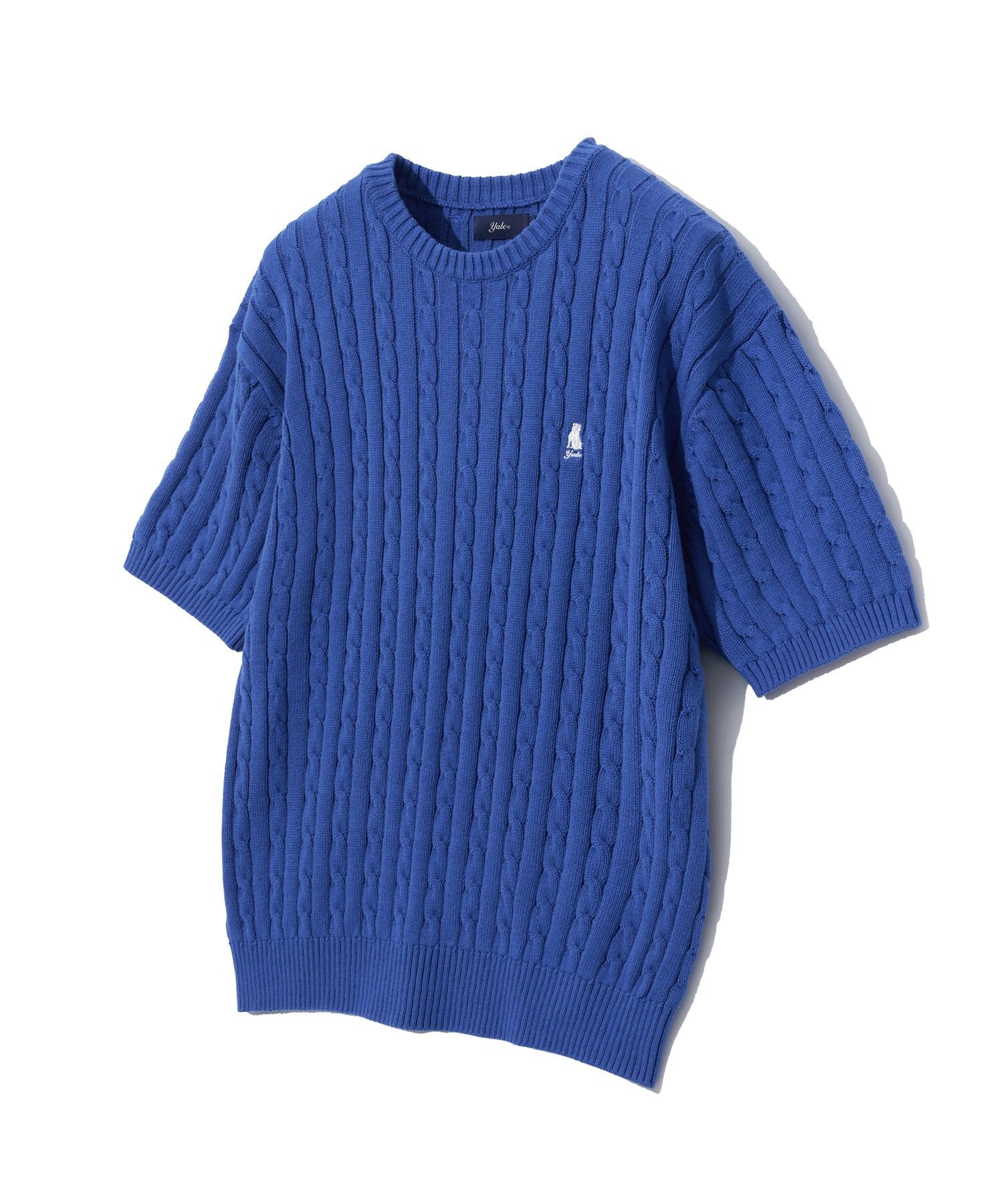 ☆YALE☆ HERITAGE DAN CABLE SHORTSLEEVE ROUND KNIT  BLU MUSINSA | YALE Heritage Dan Cable Short Sleeve Round Knit
