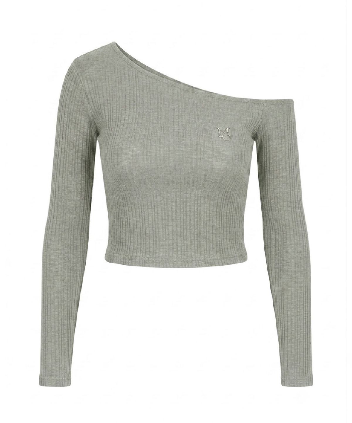 무아르모아(MOIREMOA) One-shoulder logo T-shirt-Khaki Gray