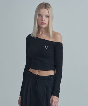 One-shoulder logo T-shirt-Black