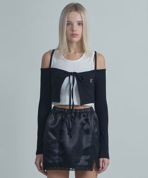 Off-shoulder Ribbon Cardigan-Black