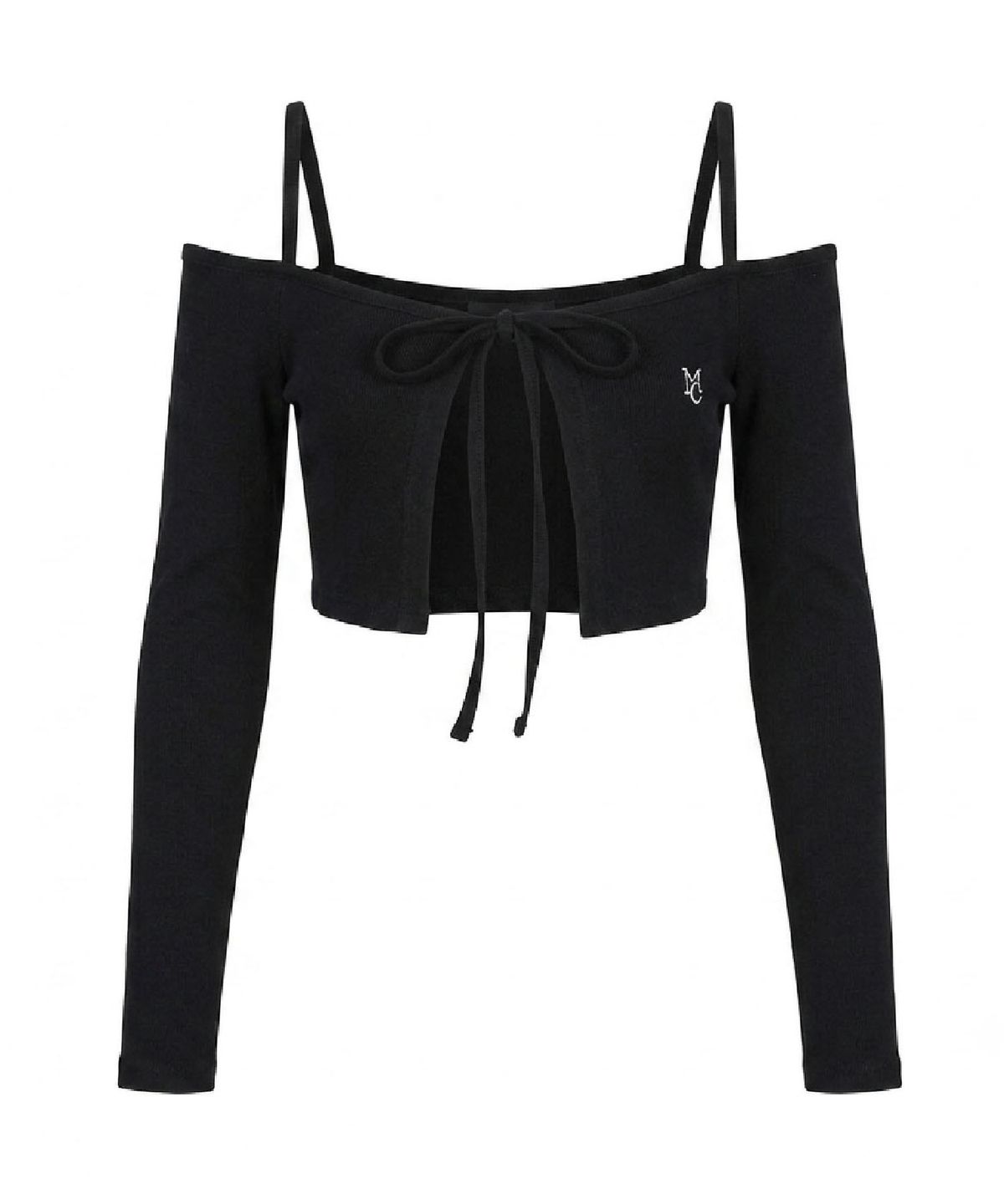 무아르모아(MOIREMOA) Off-shoulder Ribbon Cardigan-Black