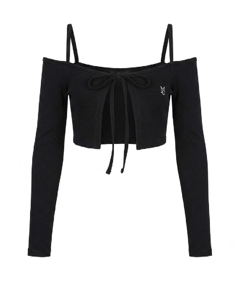 Off-shoulder Ribbon Cardigan-Black