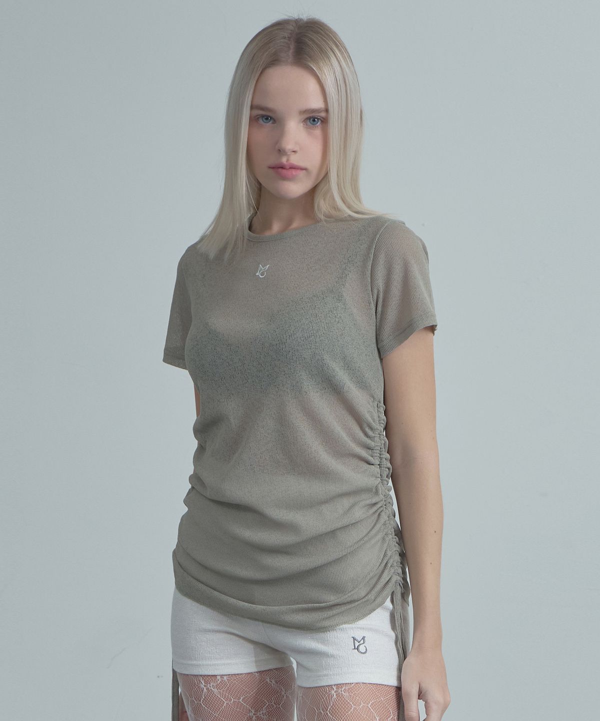무아르모아(MOIREMOA) SeeThrough String T-Shirt-Khaki