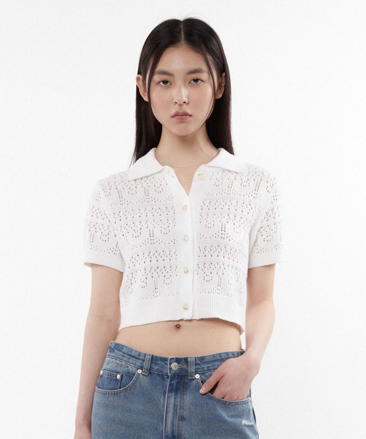 키뮤어(KIIMUIR) (우먼) 스카시 카라 반팔 가디건_아이보리