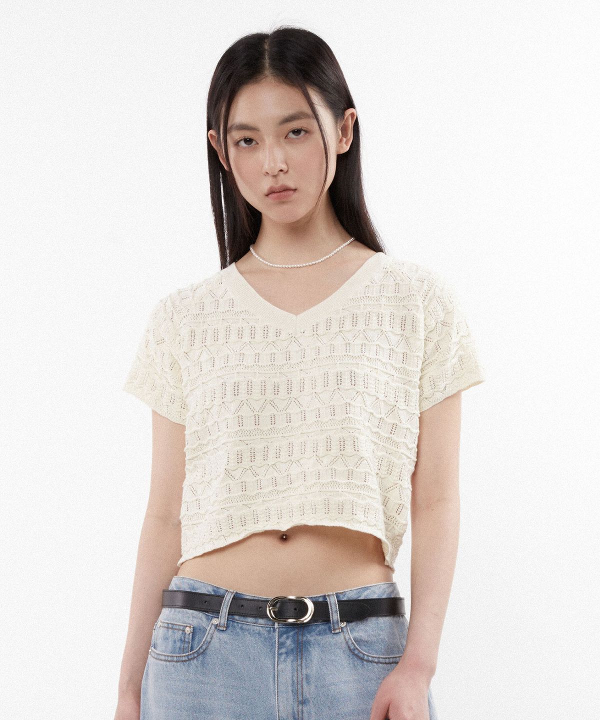 키뮤어(KIIMUIR) (우먼) 스카시 브이넥 반팔 니트_아이보리