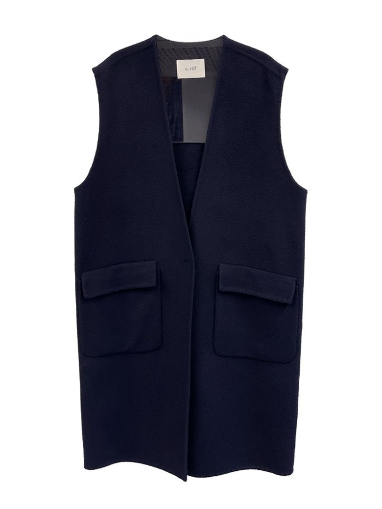 Handmade v-neck oversize wool vest_NAVY