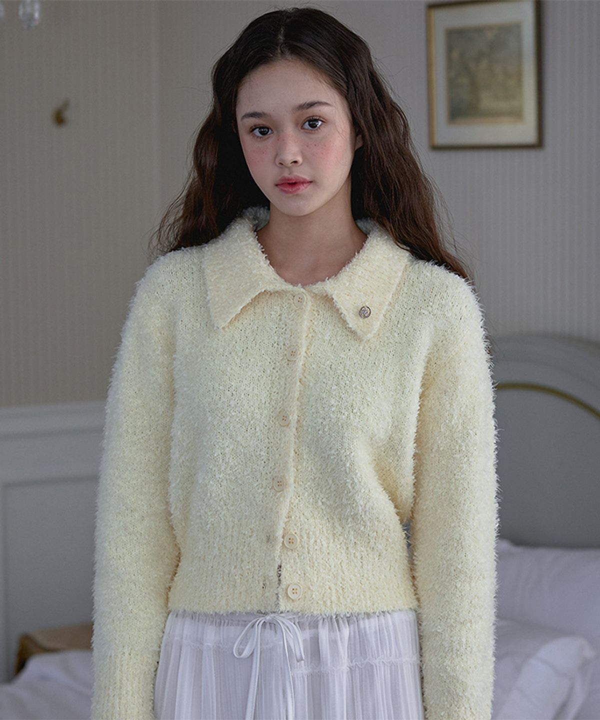 로제프란츠(ROSEFRANTZ) Hairy Collar Knit Cardigan [Light Yellow]