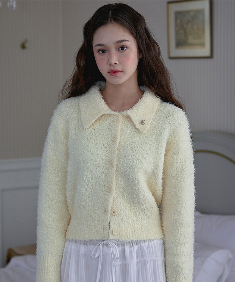 Hairy Collar Knit Cardigan [Light Yellow]
