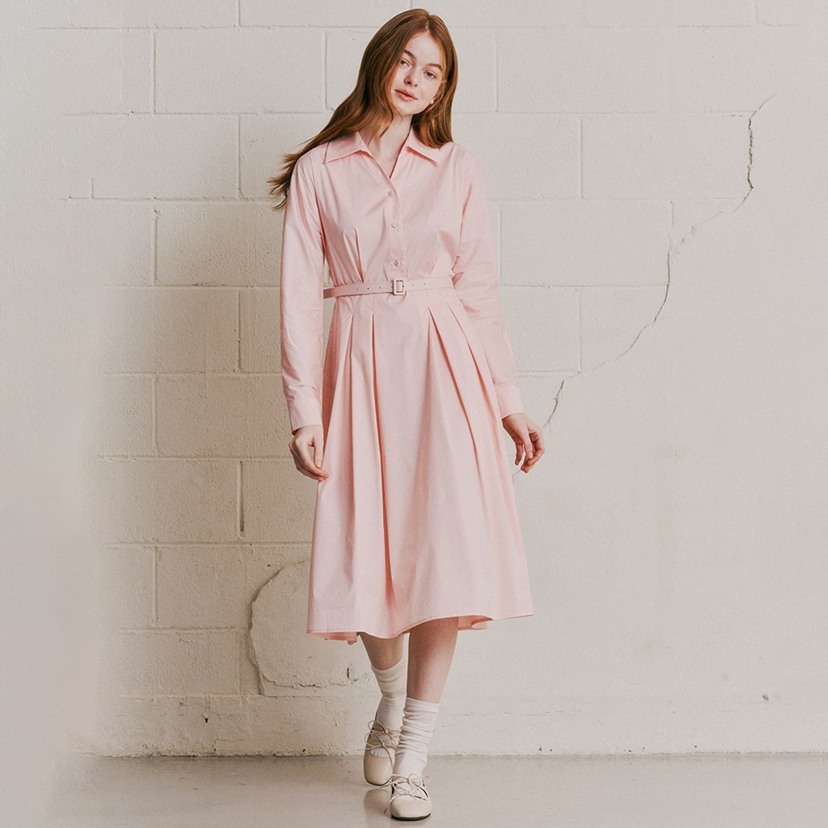 웬스데이딜라잇(WEDNESDAY DELIGHT) WD_V-neck belted shirt dress_PINK