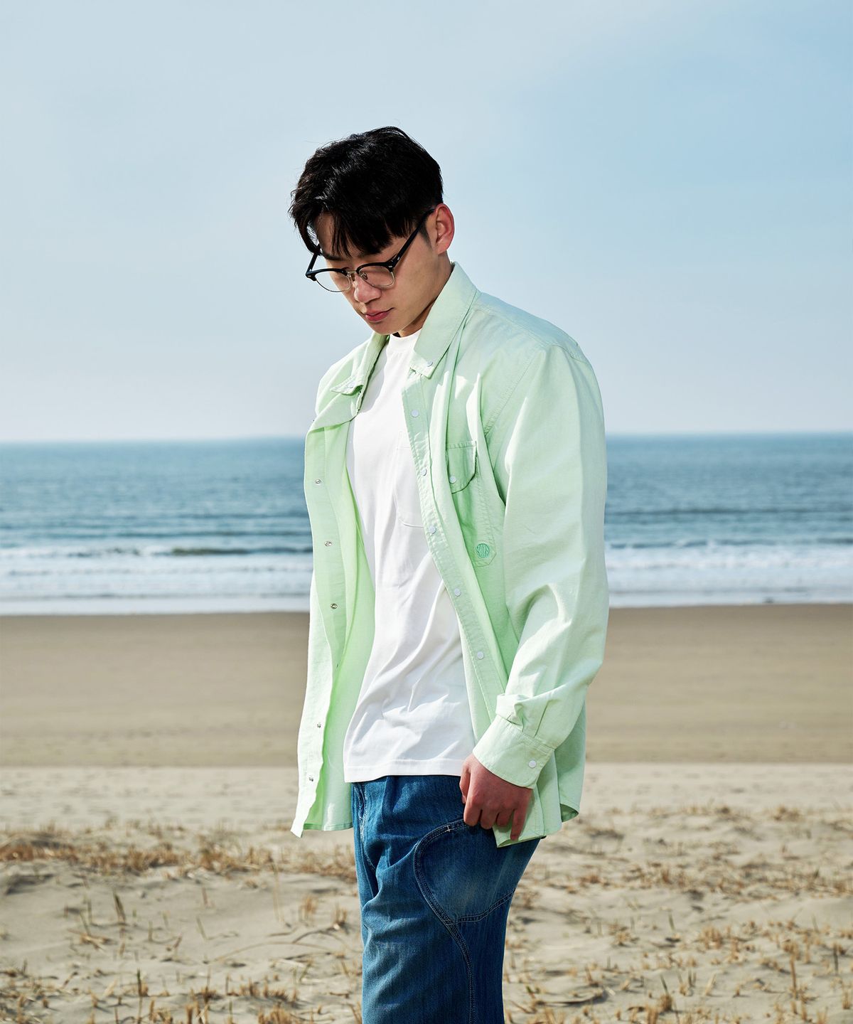 오프그리드(OFFGRID) OG 스티치 옥스포드 스냅 셔츠-라이트그린