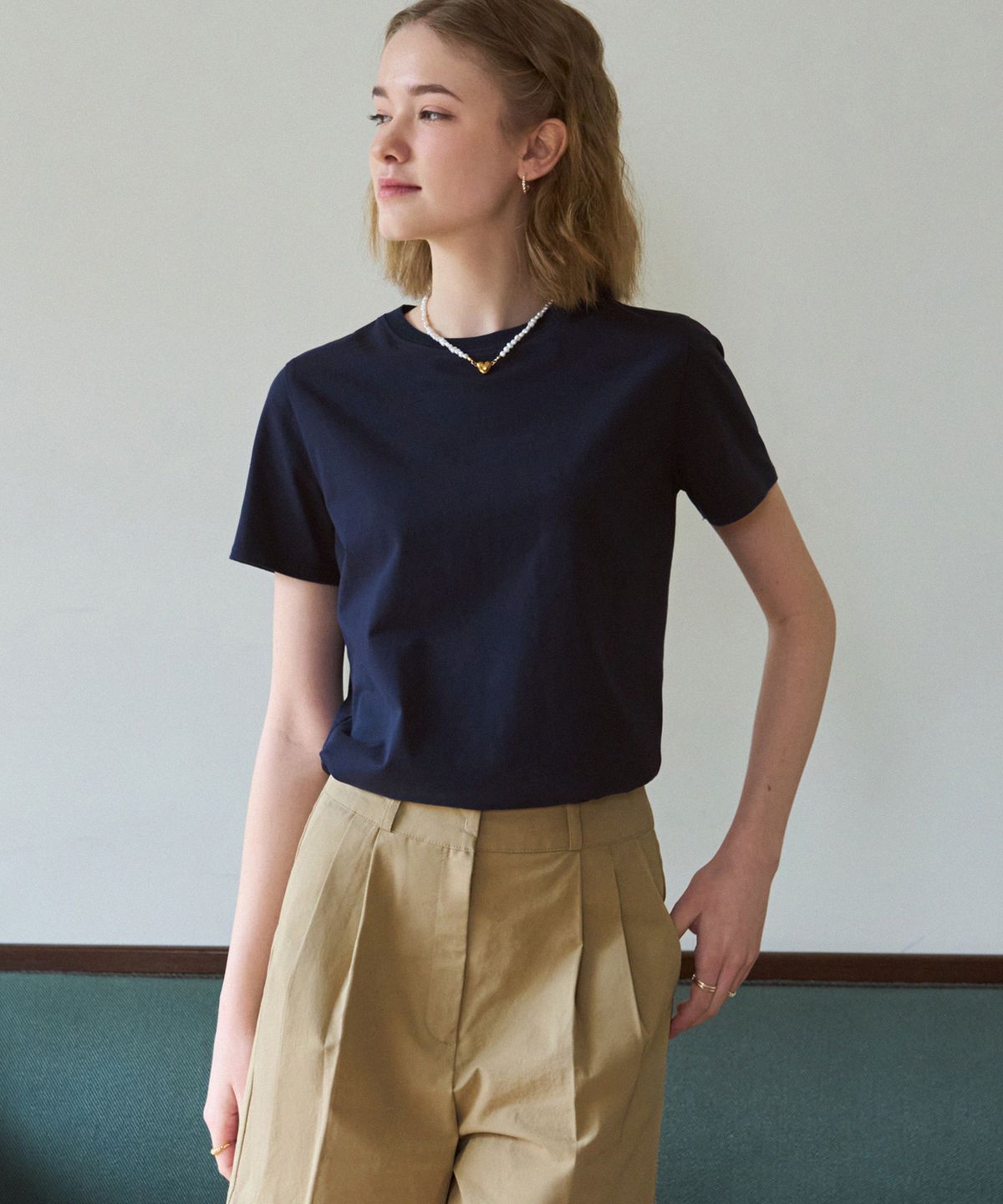 드로우핏 우먼(DRAWFIT WOMEN) 수피마 실켓 크루넥 반팔 티셔츠 [NAVY]