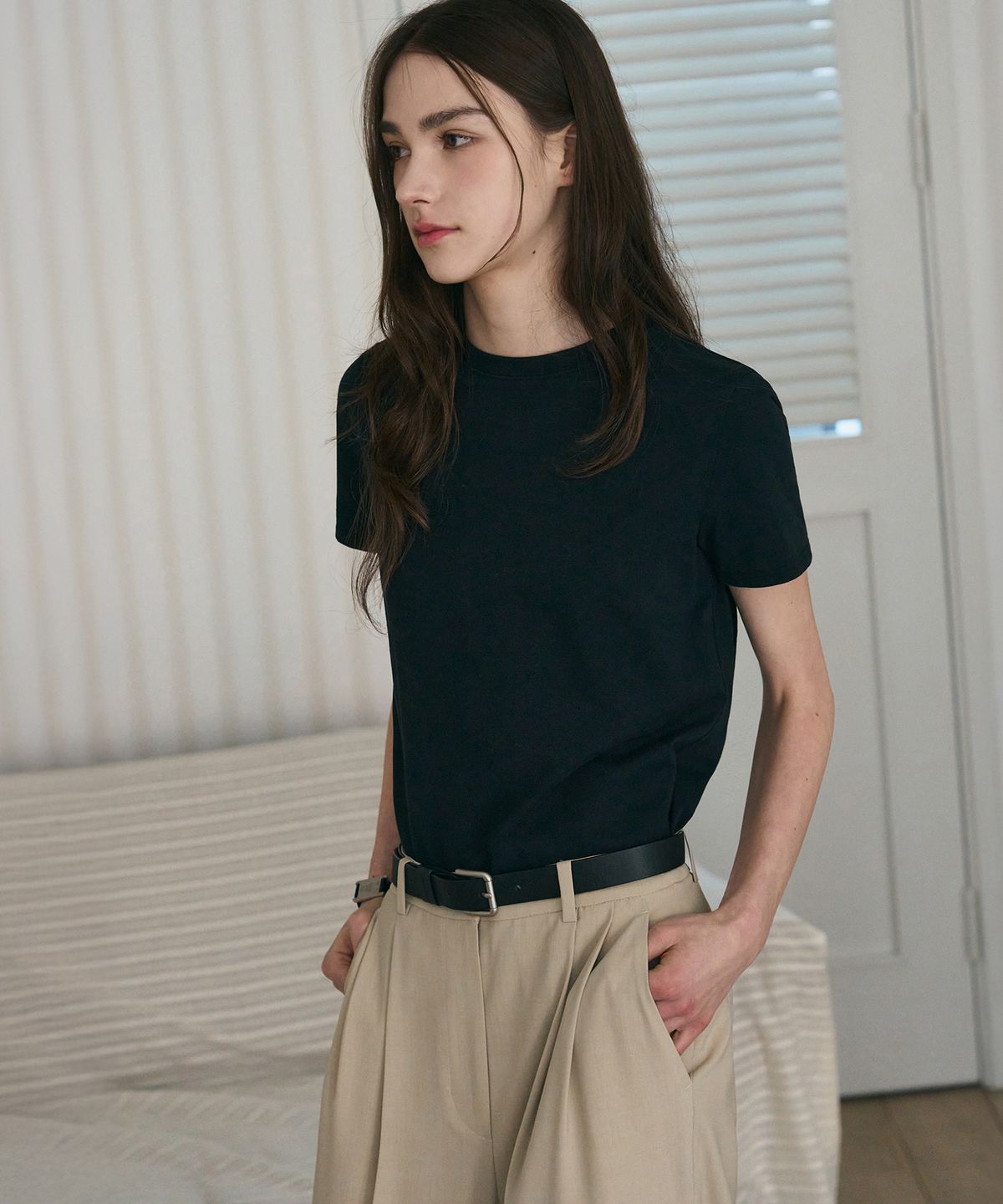 드로우핏 우먼(DRAWFIT WOMEN) 수피마 실켓 크루넥 반팔 티셔츠 [BLACK]