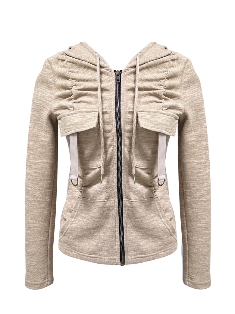 SHIRRING CARGO HOOD ZIP-UP BEIGE
