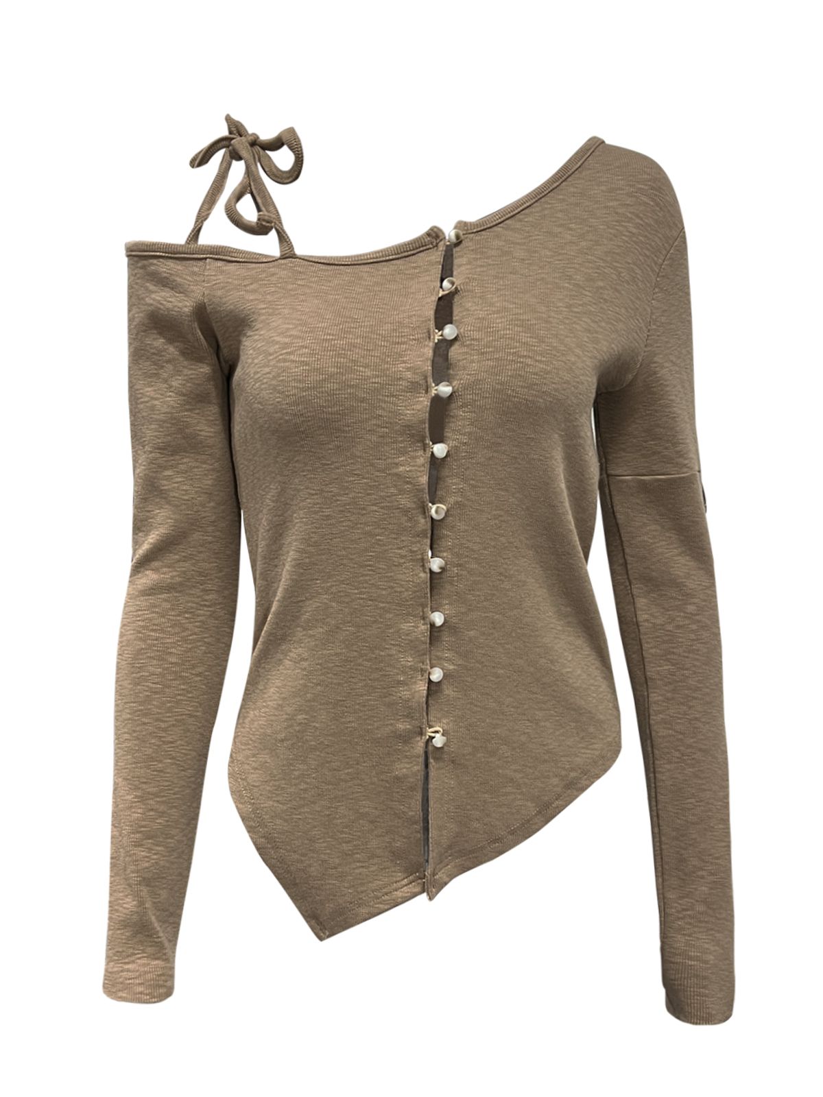 쎄쎄쎄(SETSETSET) ASYMMETRICAL BEAN BUTTON CARDIGAN BEIGE