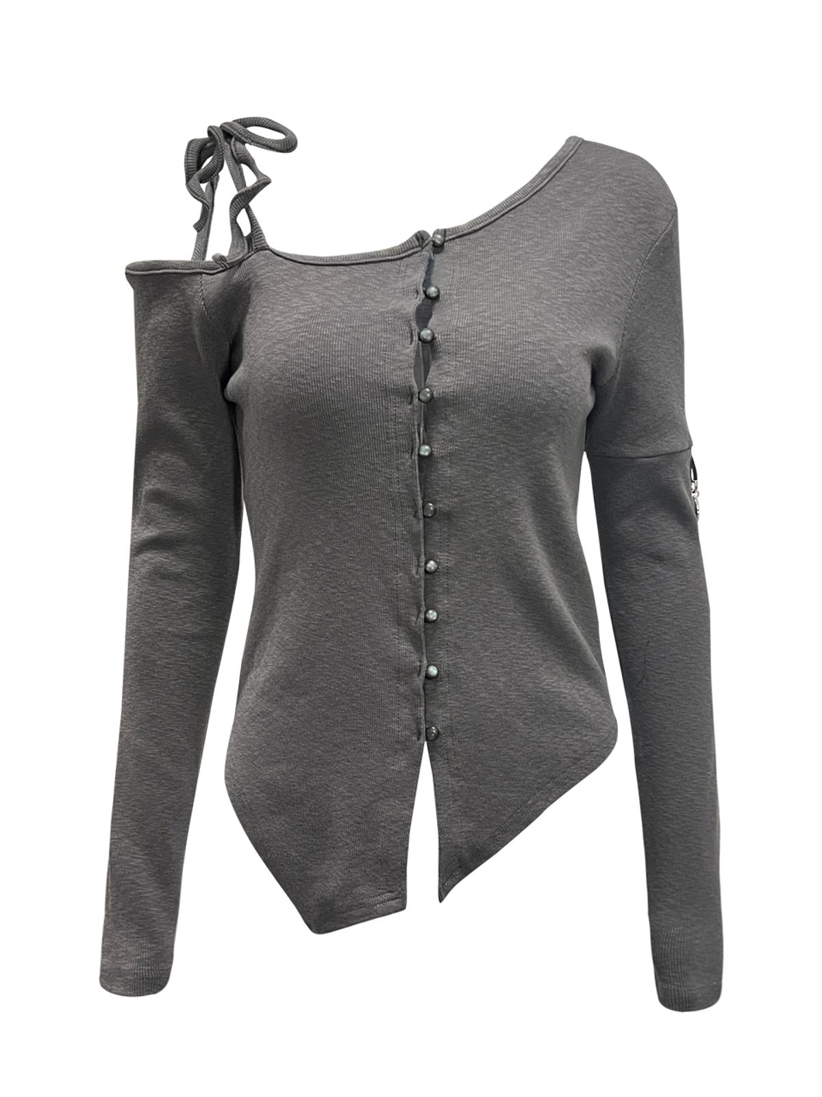 쎄쎄쎄(SETSETSET) ASYMMETRICAL BEAN BUTTON CARDIGAN CHARCOAL