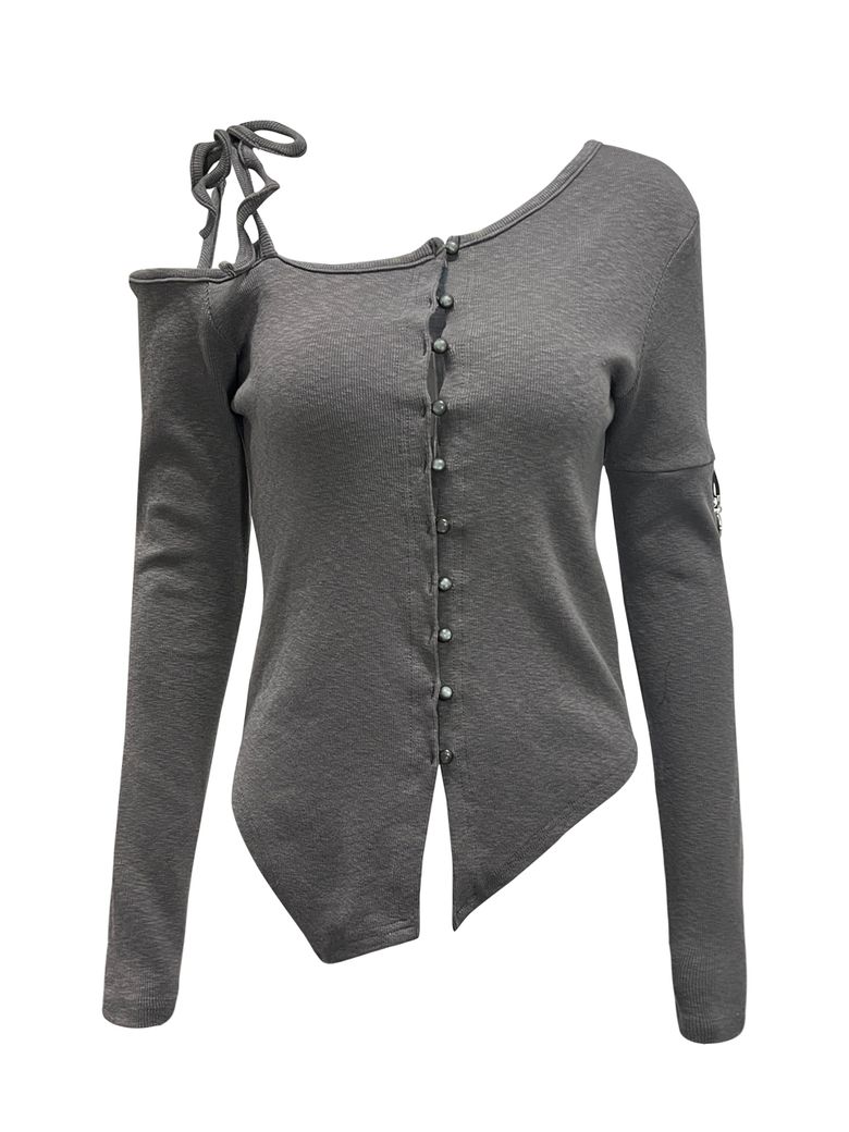 ASYMMETRICAL BEAN BUTTON CARDIGAN CHARCOAL