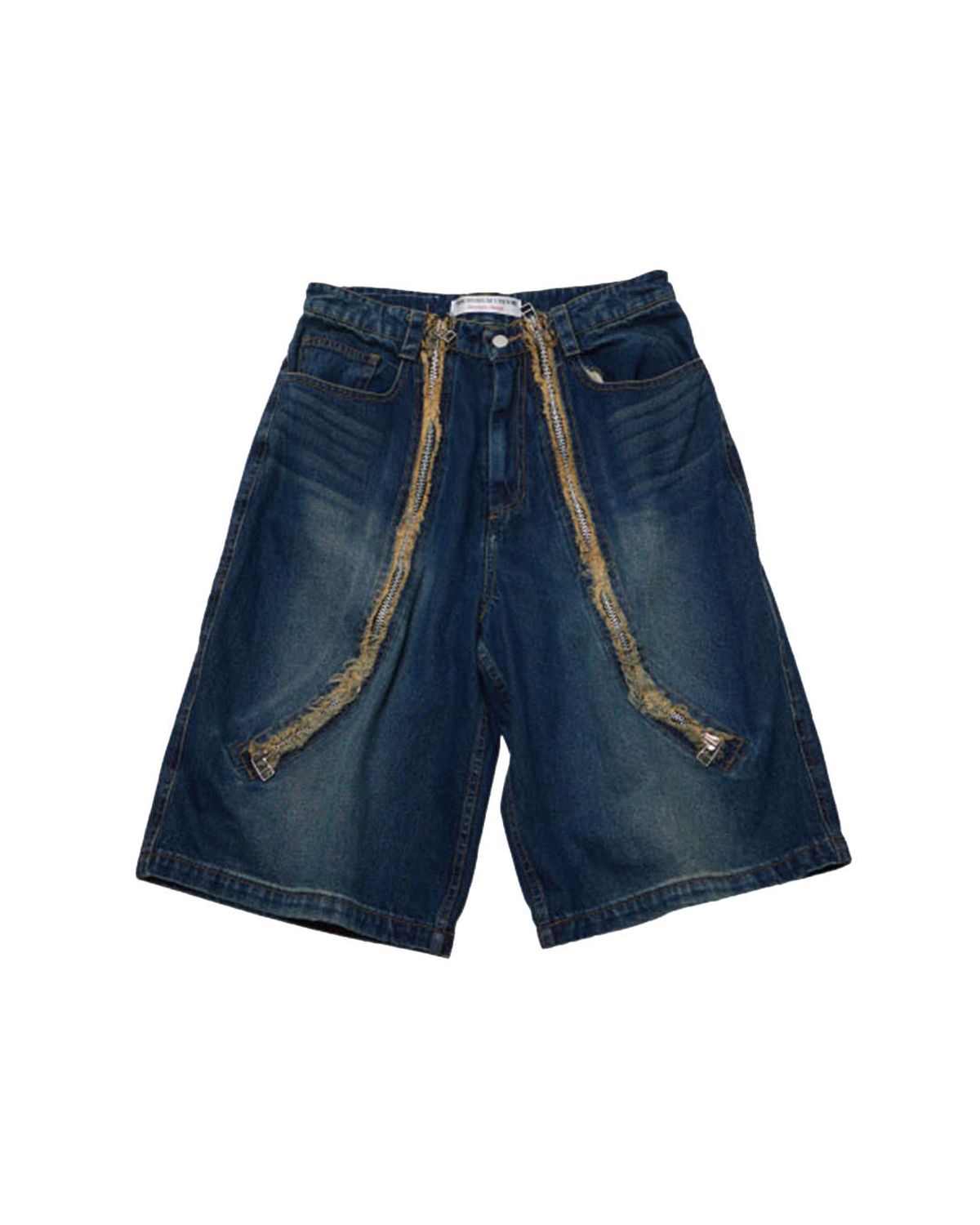 더뮤지엄비지터(THEMUSEUMVISITOR) CURVED ZIPPER DENIM SHORTS (WASHED BLUE)