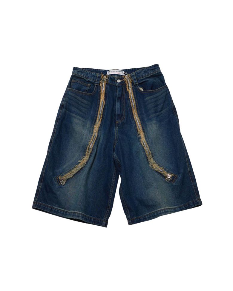 CURVED ZIPPER DENIM SHORTS (WASHED BLUE)