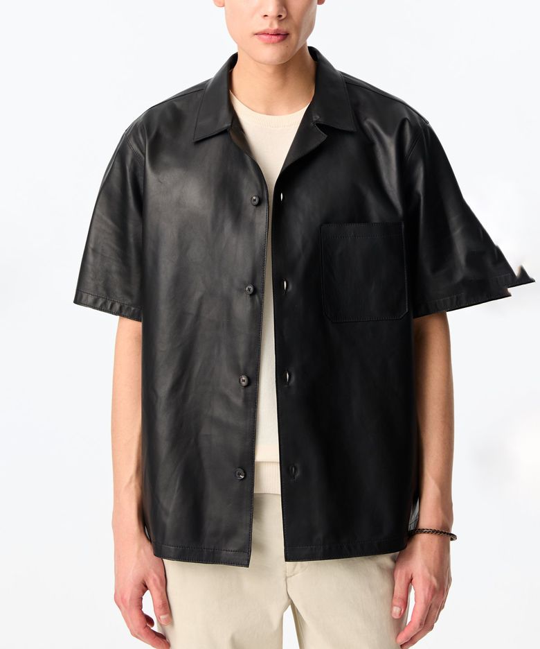 [TAGLIATORE] 오픈 카라 레더 셔츠_블랙 4714110601