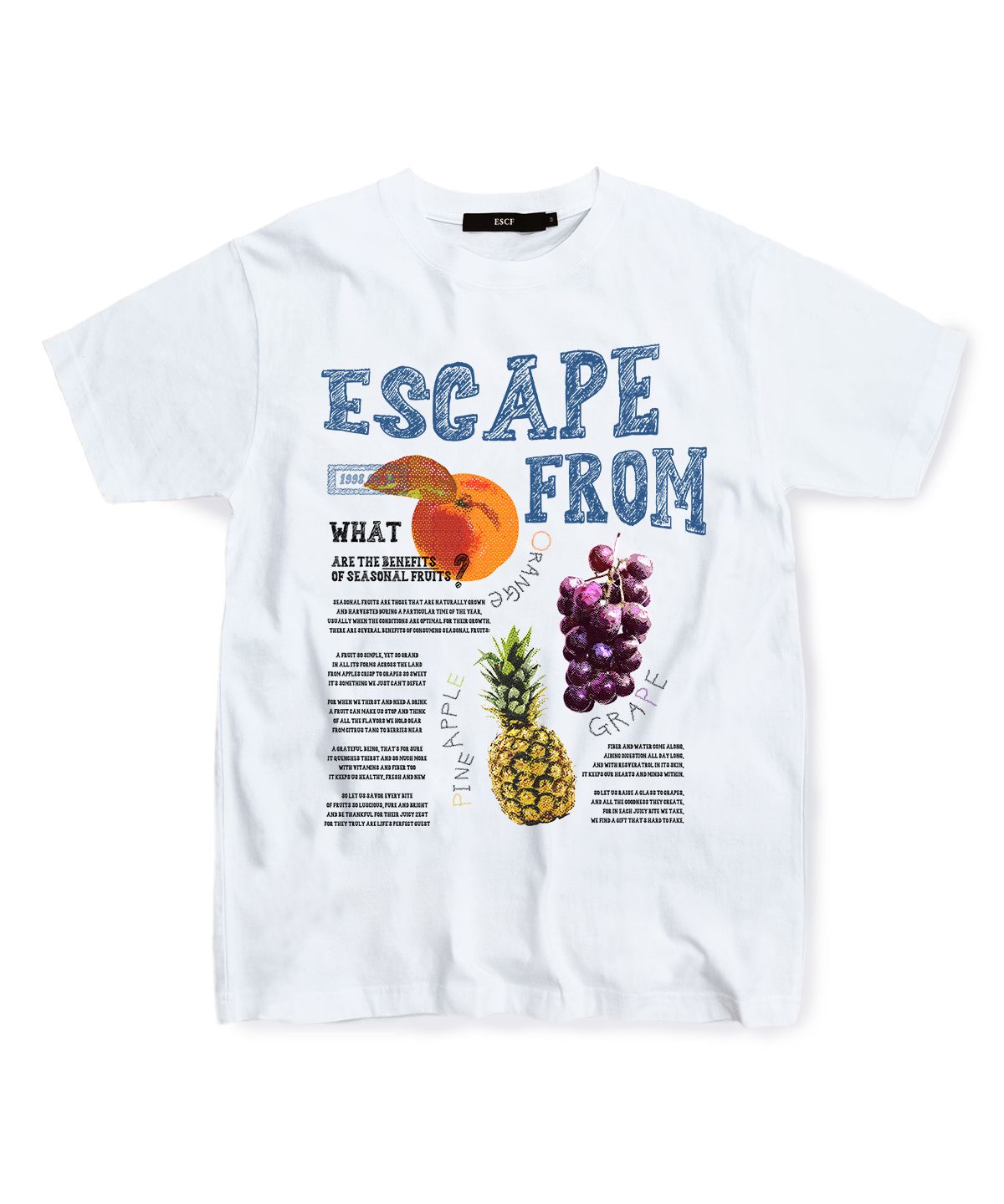이스케이프프롬(ESCAPEFROM) 프루츠 뉴스페이퍼 프린트 티셔츠 화이트