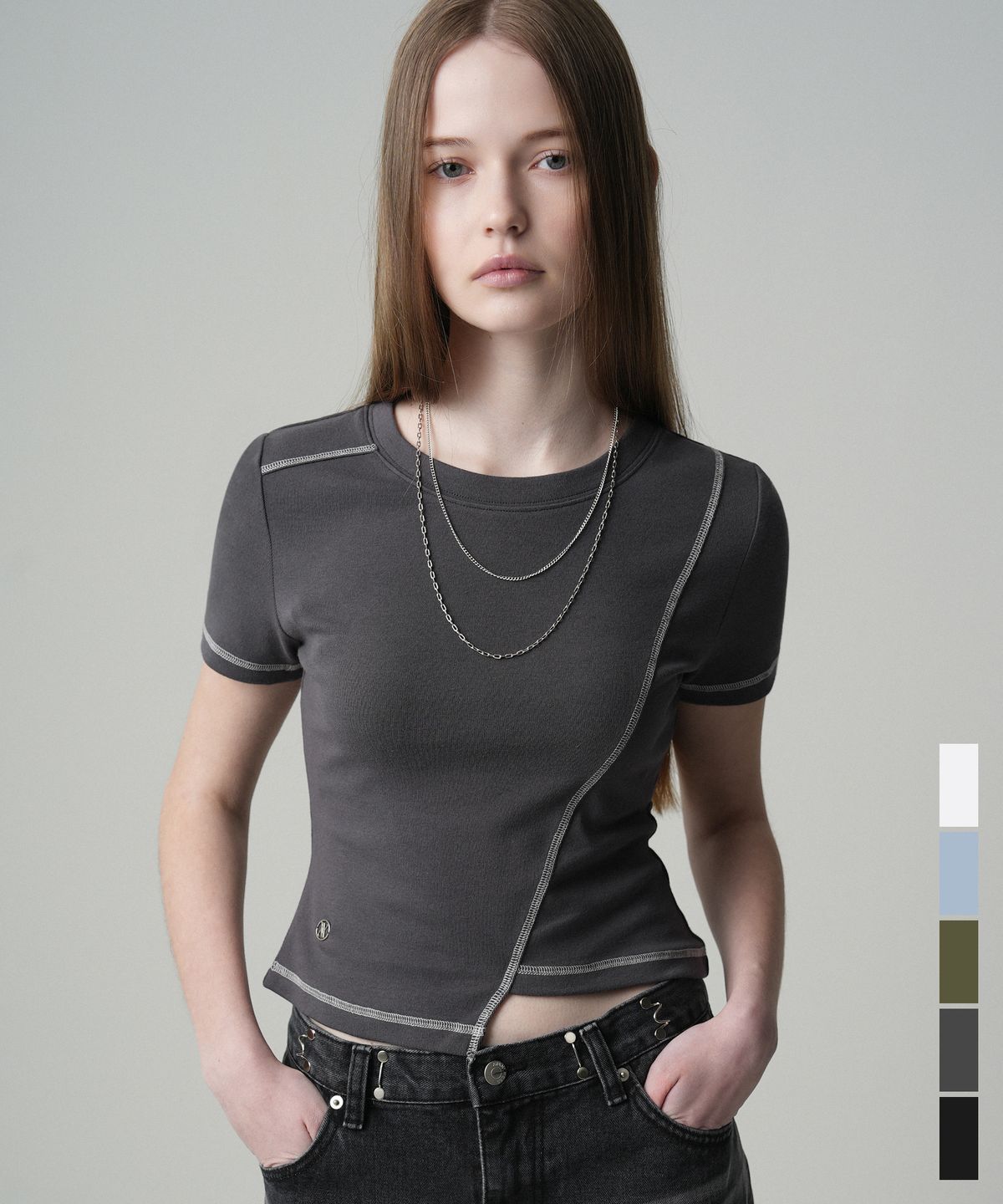 어반드레스(AVANDRESS) Ssance Unbalanced Line Stitch T-Shirt - 5COL