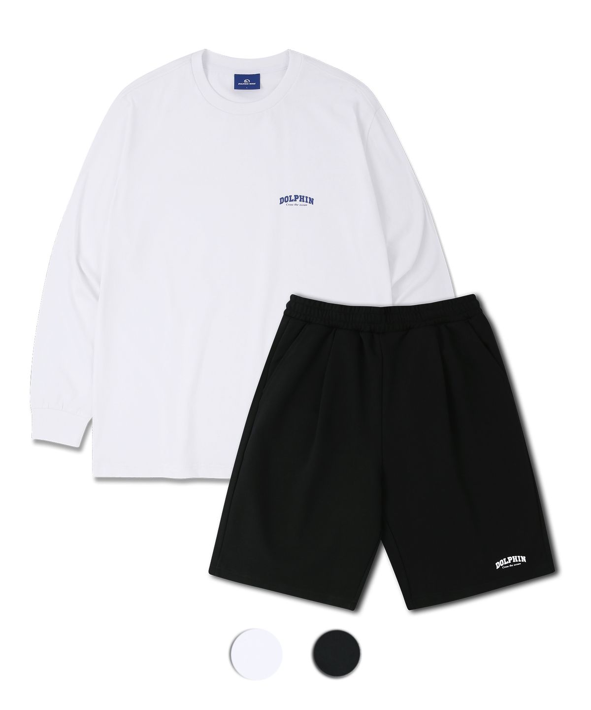돌핀웨이브어패럴(DOLPHIN WAVE APPAREL) [세트] 돌핀 아치로고 롱 슬리브 티셔츠 화이트 & 아치로고 원턱 반바지 블랙