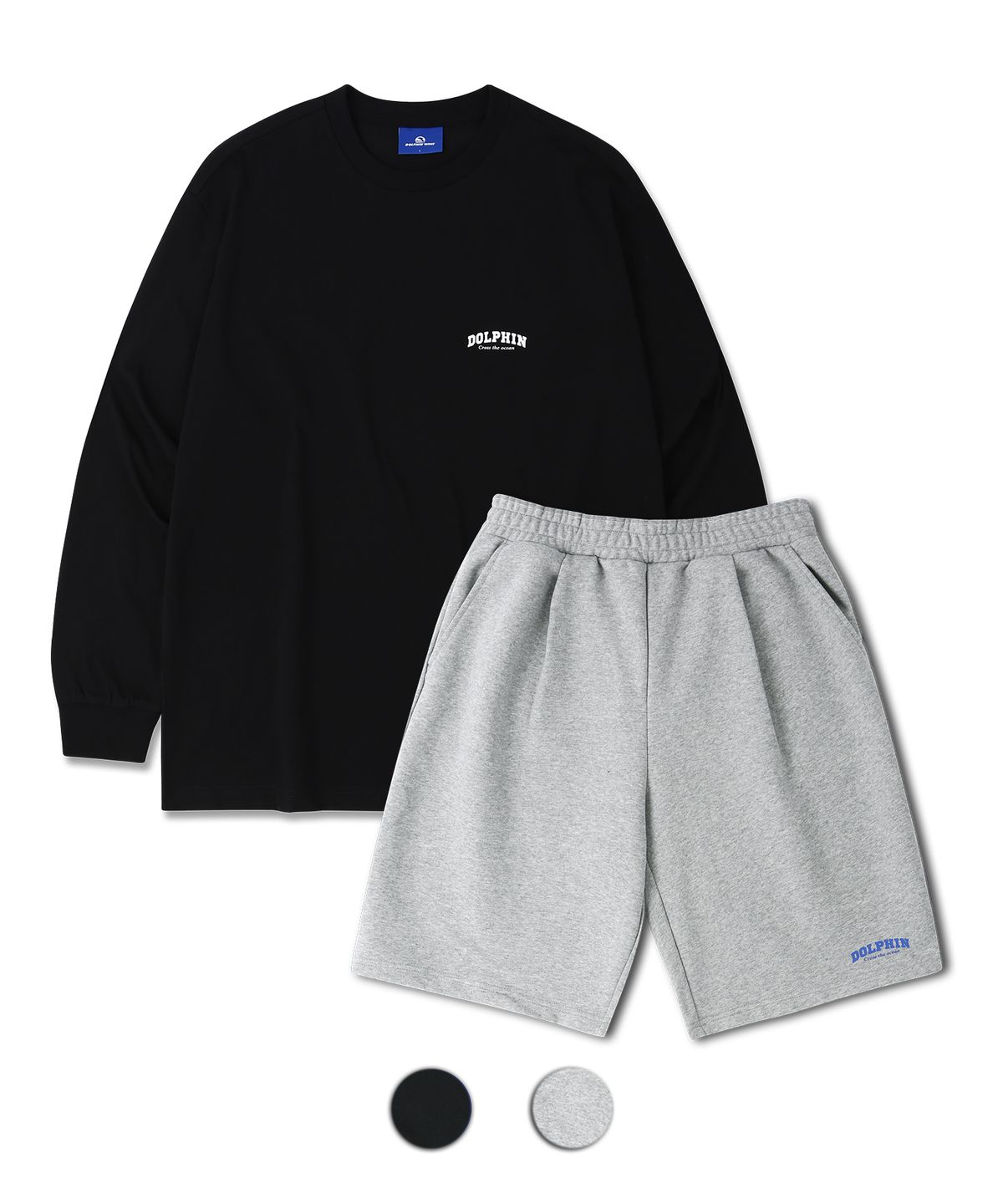 돌핀웨이브어패럴(DOLPHIN WAVE APPAREL) [세트] 돌핀 아치로고 롱 슬리브 티셔츠 블랙 & 아치로고 원턱 반바지 멜란지그레이