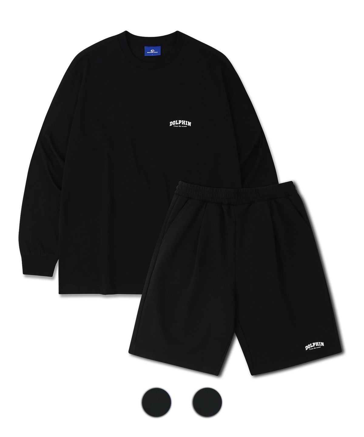 돌핀웨이브어패럴(DOLPHIN WAVE APPAREL) [세트] 돌핀 아치로고 롱 슬리브 티셔츠 블랙 & 아치로고 원턱 반바지 블랙