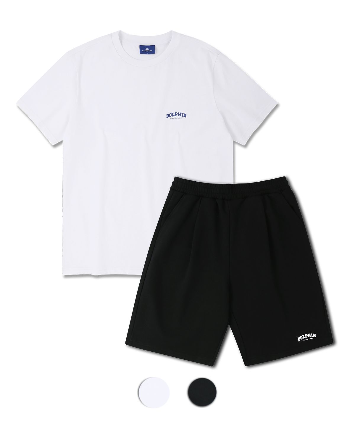 돌핀웨이브어패럴(DOLPHIN WAVE APPAREL) [세트] 돌핀 아치로고 티셔츠 반팔 화이트 & 아치로고 원턱 반바지 블랙
