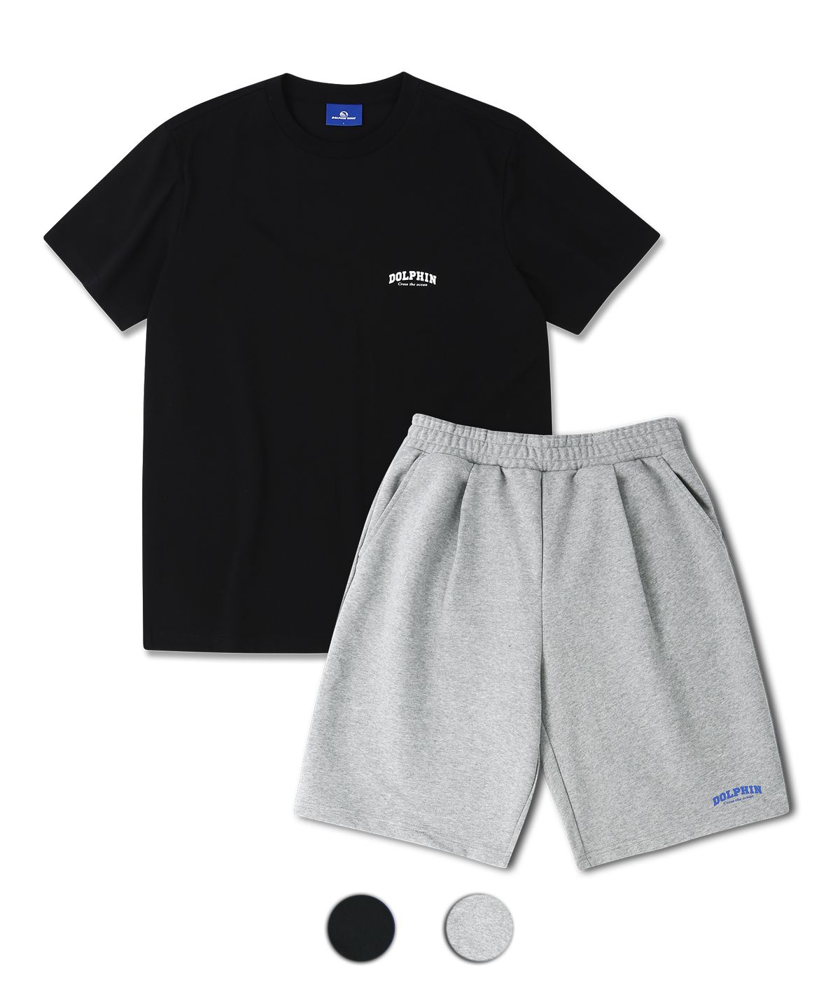 돌핀웨이브어패럴(DOLPHIN WAVE APPAREL) [세트] 돌핀 아치로고 티셔츠 반팔 블랙 & 아치로고 원턱 반바지 멜란지그레이
