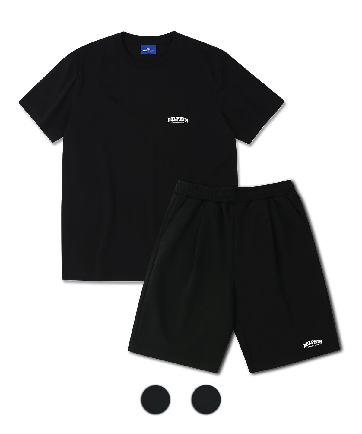 돌핀웨이브어패럴(DOLPHIN WAVE APPAREL) [세트] 돌핀 아치로고 티셔츠 반팔 블랙 & 아치로고 원턱 반바지 블랙