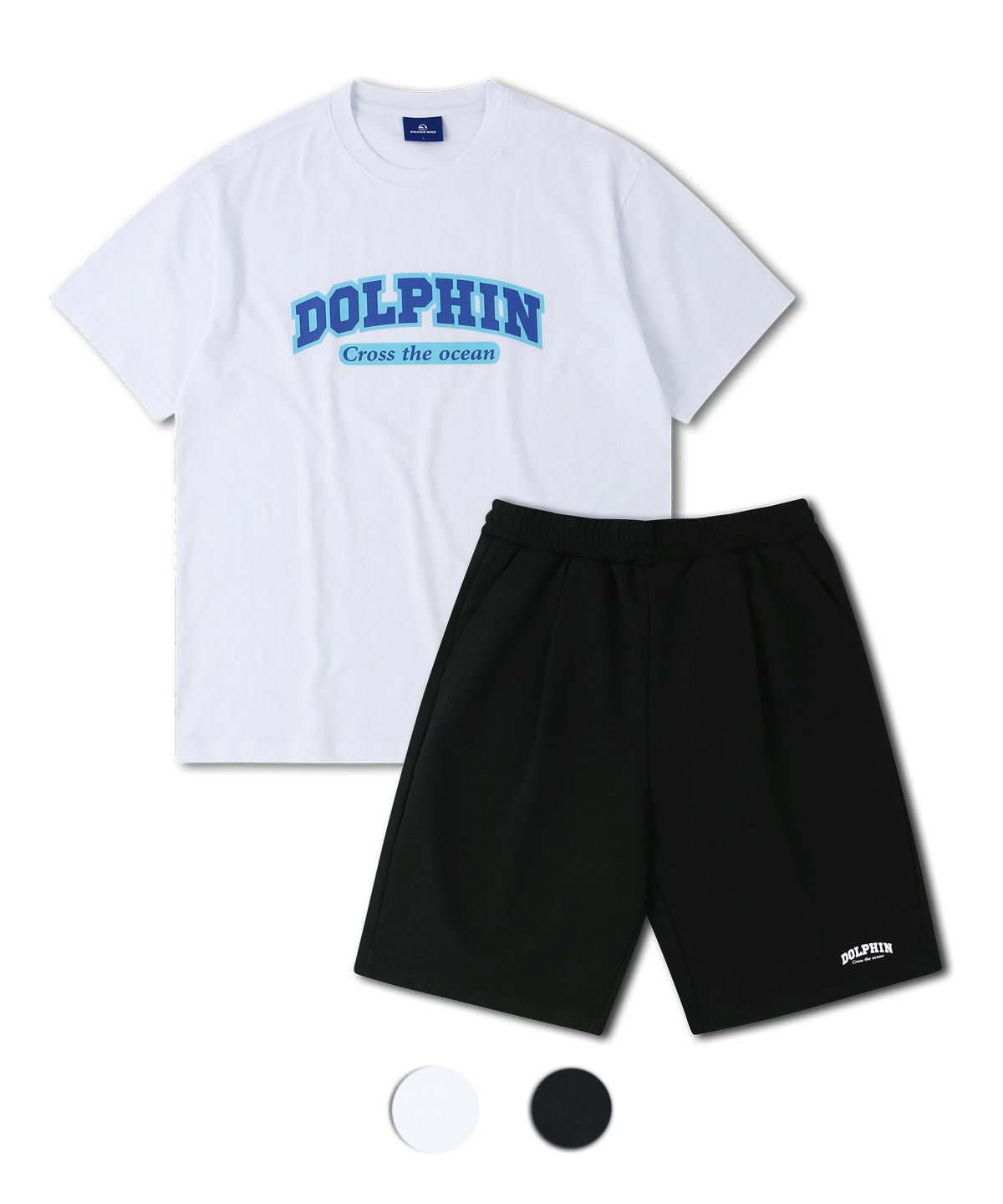 돌핀웨이브어패럴(DOLPHIN WAVE APPAREL) [세트] 돌핀 레이어드 아치로고 반팔티셔츠 화이트 & 아치로고 원턱 반바지 블랙