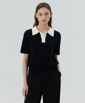 [W]케이블 카라 배색 니트 - 3color MYKT32C4