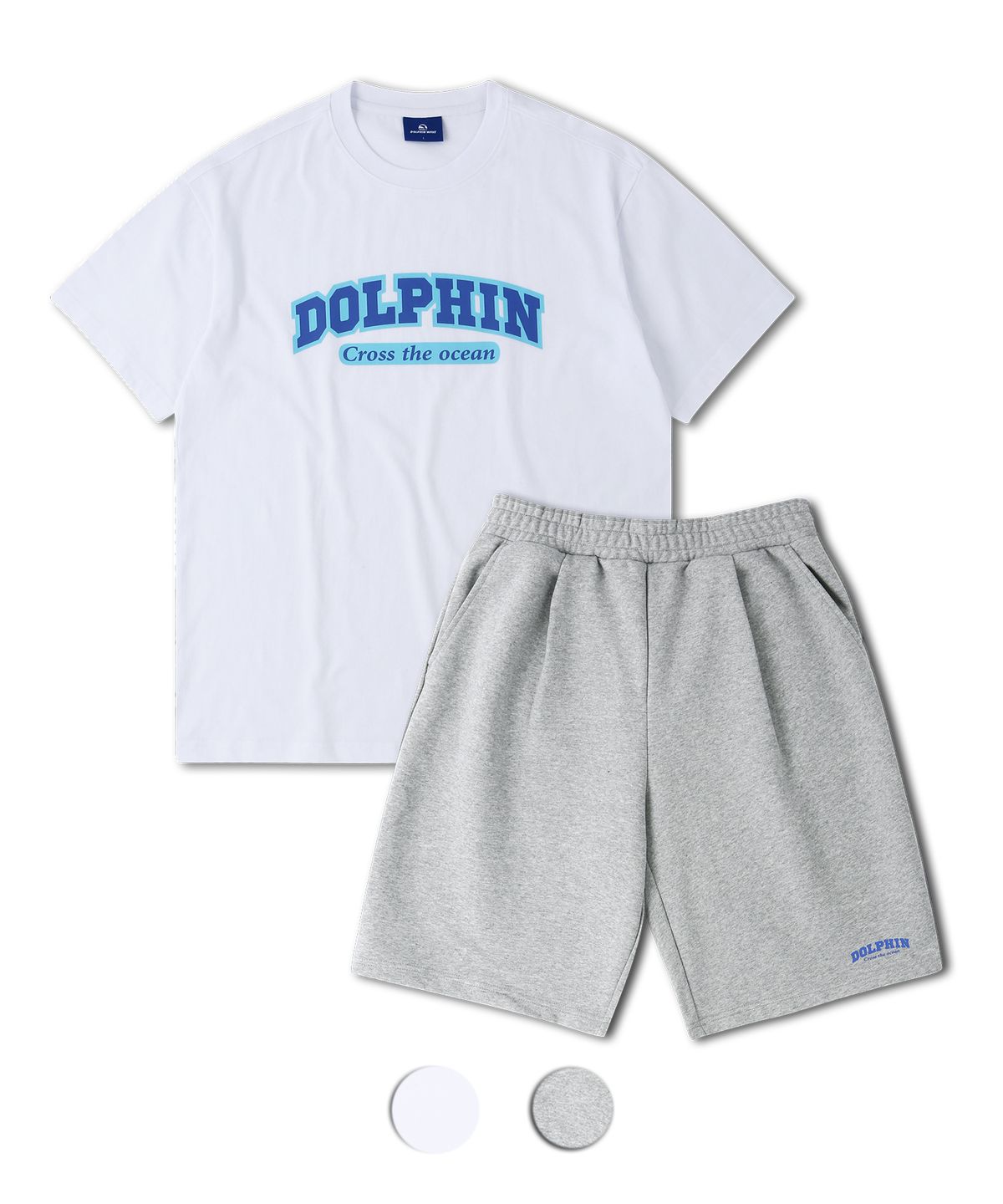 돌핀웨이브어패럴(DOLPHIN WAVE APPAREL) [세트] 돌핀 레이어드 아치로고 반팔티셔츠 화이트 & 아치로고 원턱 반바지 멜란지그레이