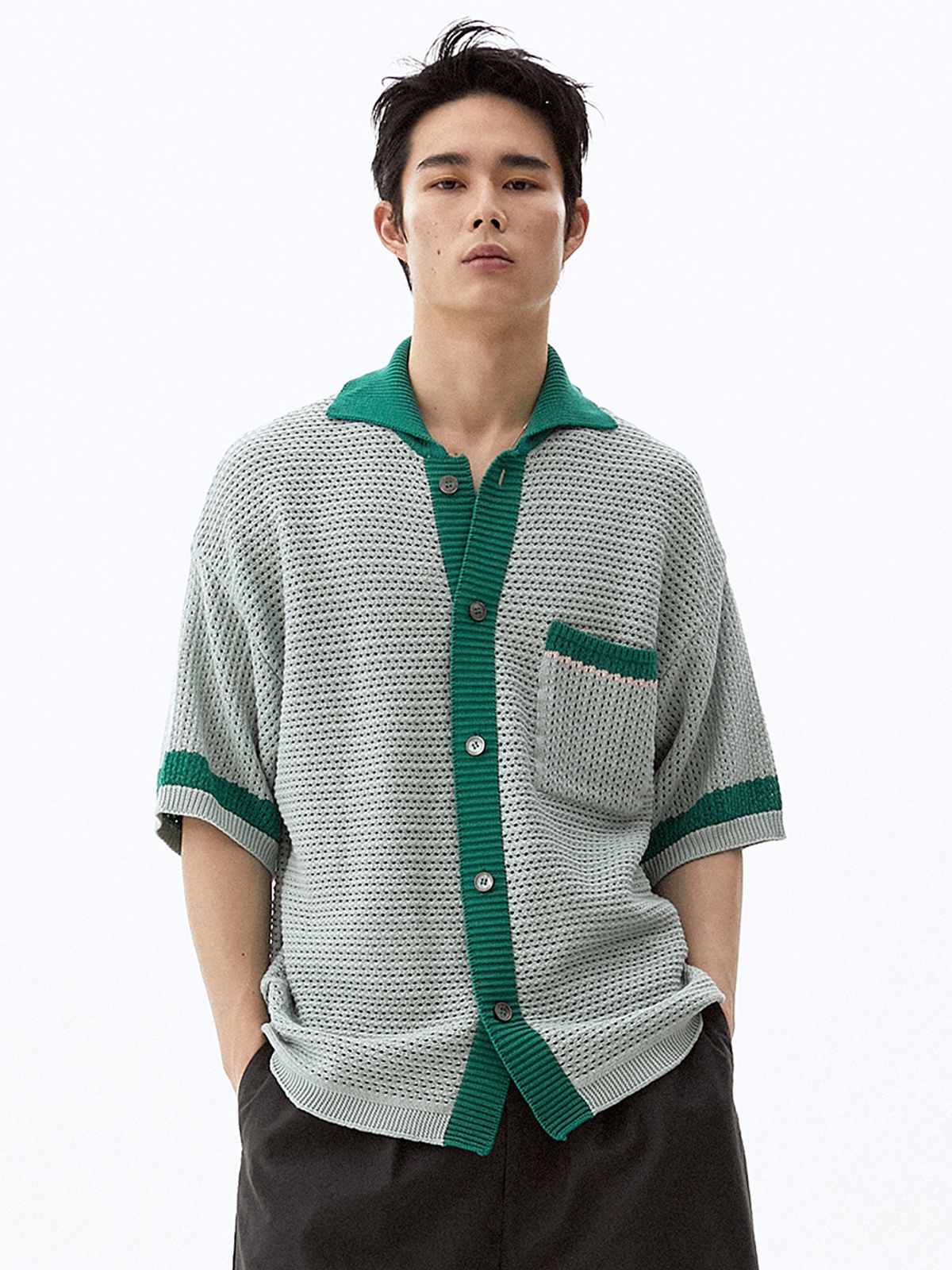 하이투(HYIIⁿ) UNISEX 크로셰 반팔 니트 가디건 [그린]