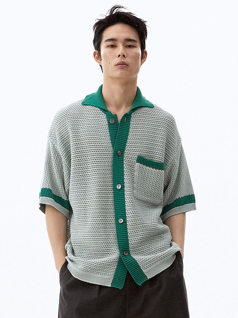 UNISEX 크로셰 반팔 니트 가디건 [그린]