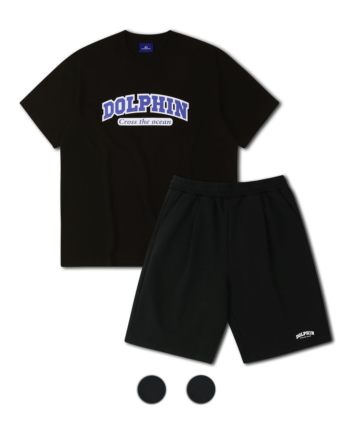 돌핀웨이브어패럴(DOLPHIN WAVE APPAREL) [세트] 돌핀 레이어드 아치로고 반팔티셔츠 블랙 & 아치로고 원턱 반바지 블랙