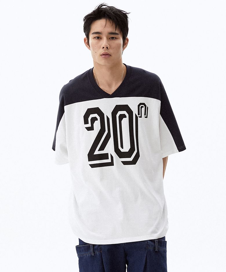 UNISEX 넘버 프린트 브이넥 오버핏 티셔츠 네이비