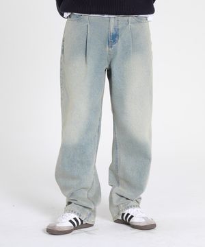 워시드 원턱 테이퍼드 데님 녹청