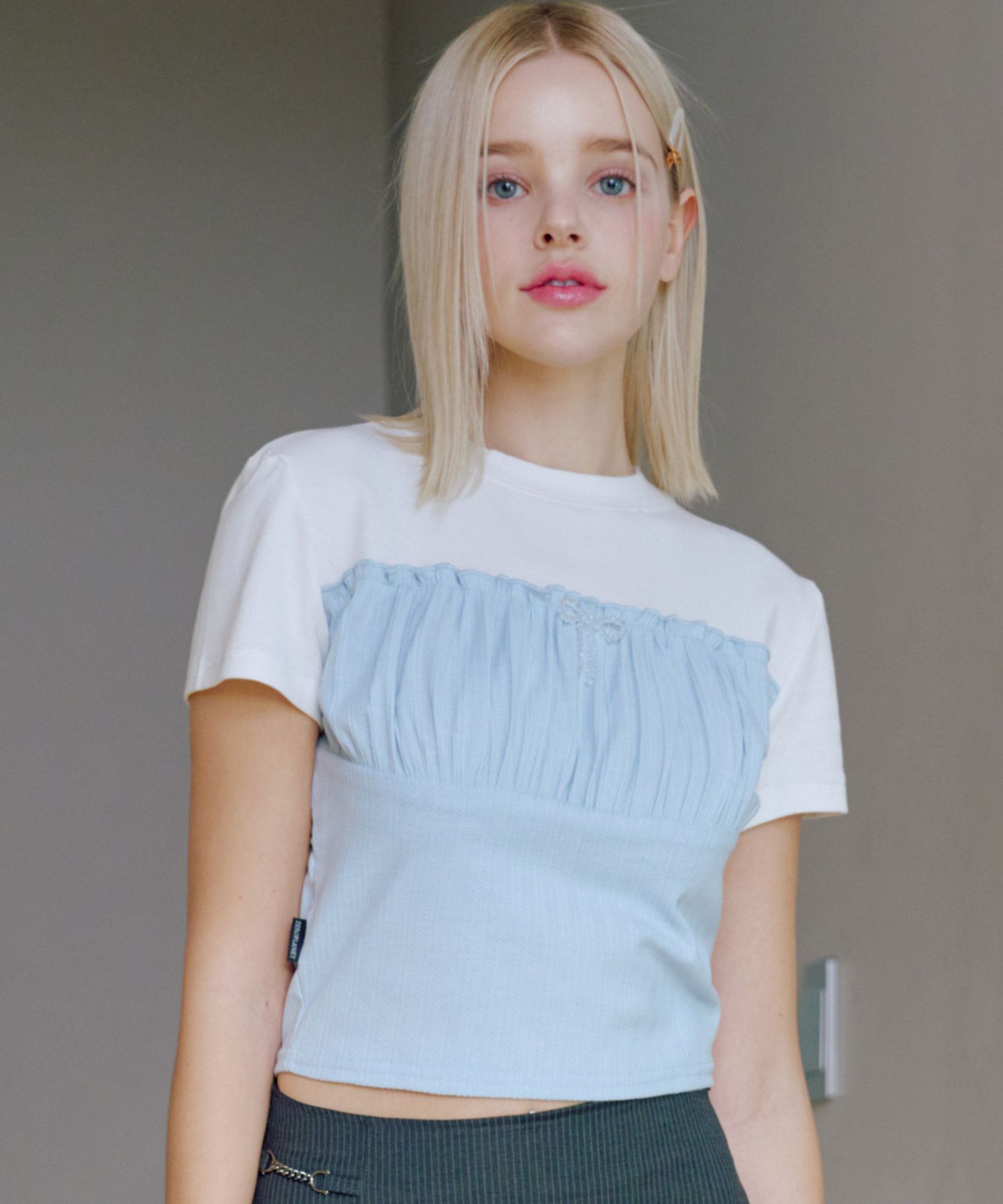 MUSINSA | ZEROPLANET Lala Ribbon Shirring Top [BLUE]