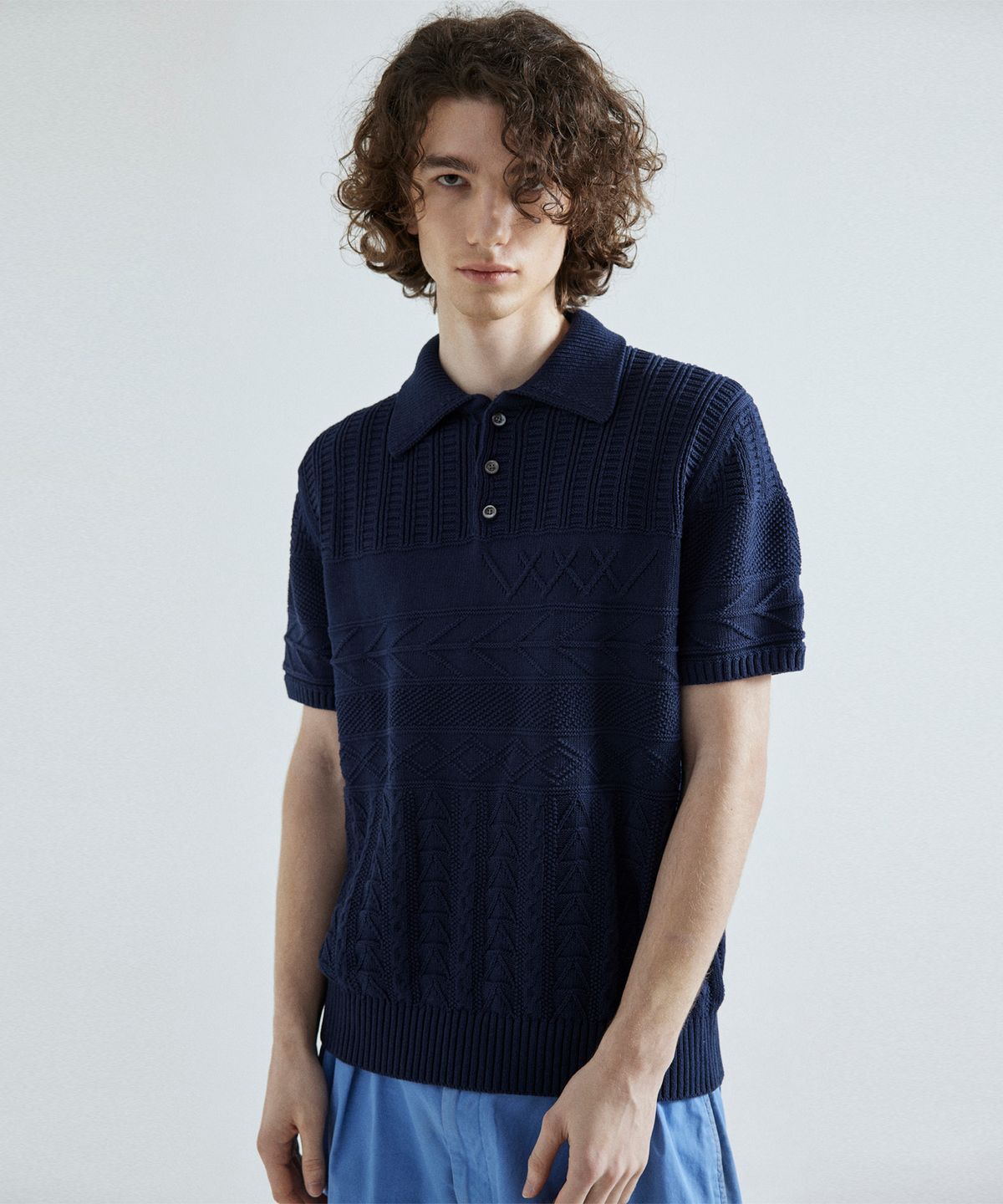 왓에버위원트(WHATEVERWEWANT) MULTI PATTERN POLO KNIT [NAVY]