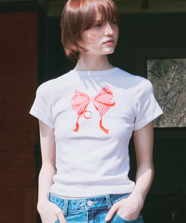 MUSINSA公式 | RONRON GINGHAM DOUBLE RIBBON SLIM CROP T SHIRT