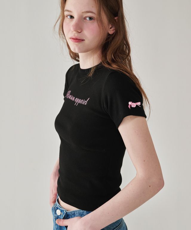MUSINSA | RONRON ROSE RIBBON POINT SLIM CROP T SHIRT BLACK
