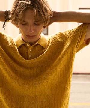 코튼 케이블 스카시 카라 니트 [옐로우]