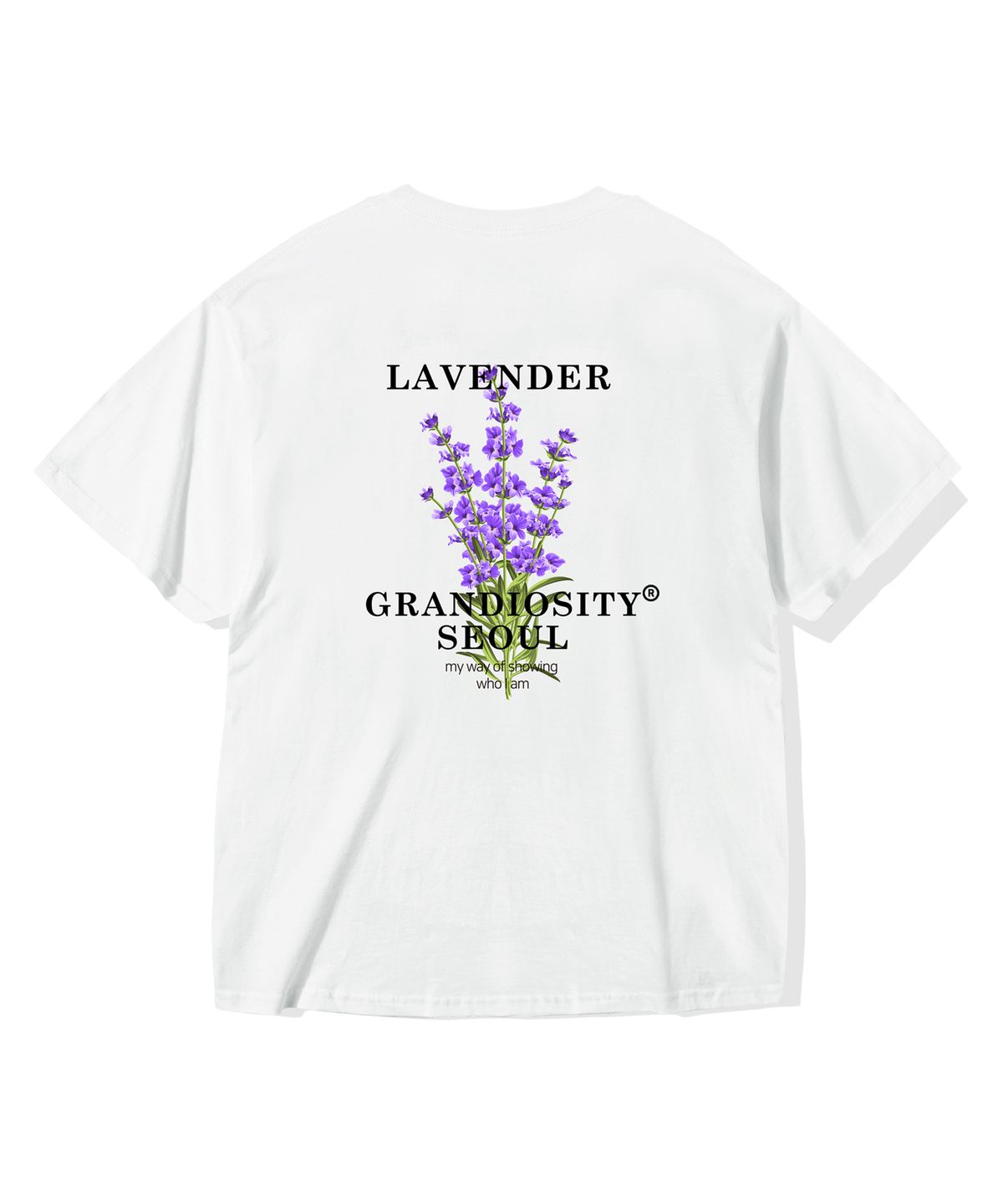 그랜디오시티(GRANDIOSITY) 라벤더 프린팅 오버핏 반팔 티셔츠 (화이트)