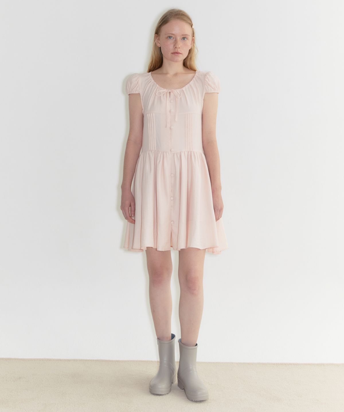 시눈(SINOON) Puff Sleeve Pintuck Dress (Pink)