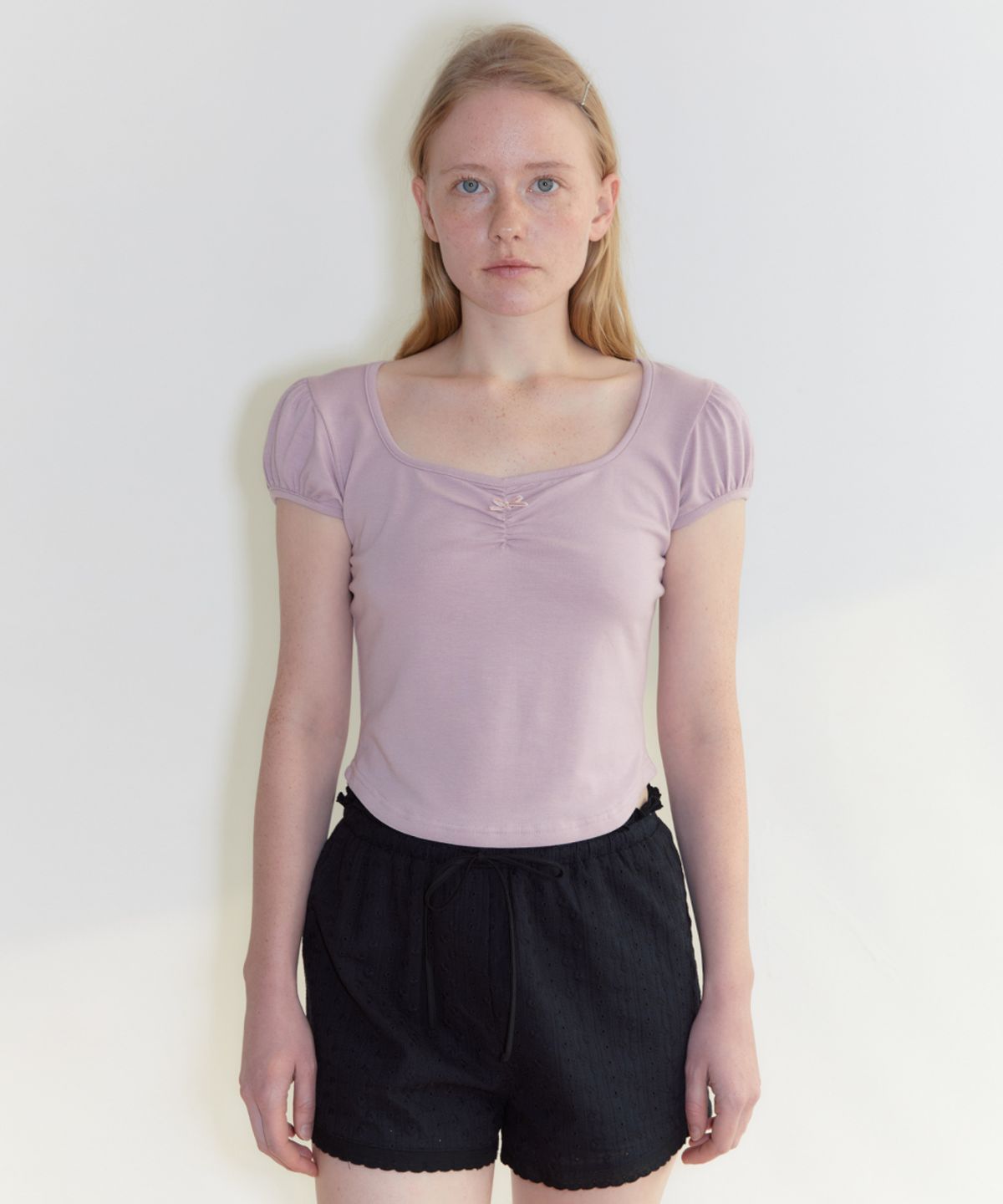 시눈(SINOON) Round Shirring T-Shirt (Dusty Pink)