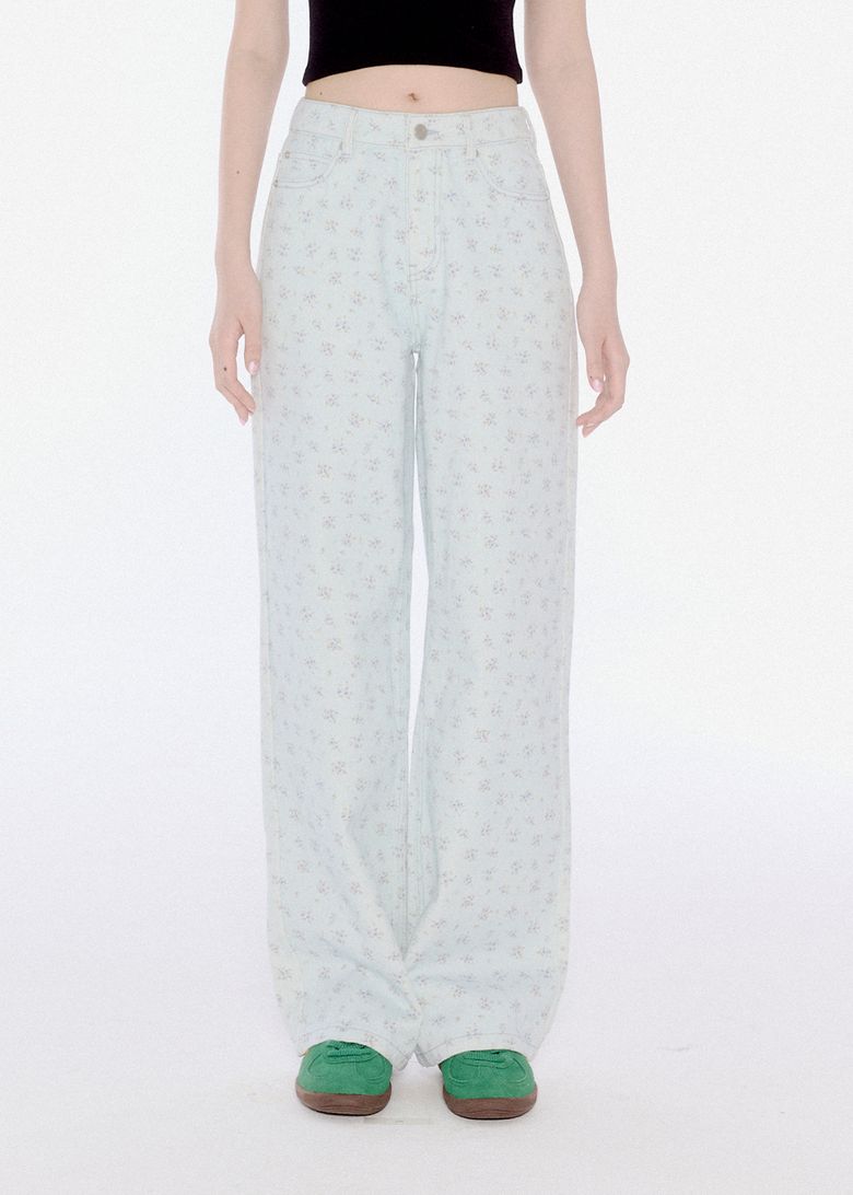 FLOWER PATTERN DENIM PANTS SKY BLUE