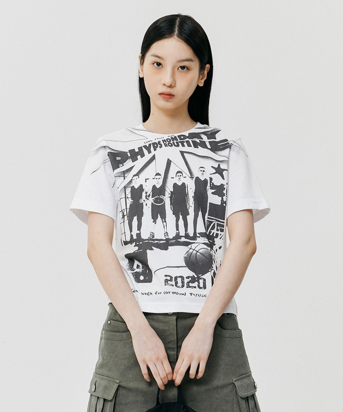피지컬 디파트먼트(PHYSICAL DEPARTMENT) 우먼즈 카툰 베스킷볼 반팔티셔츠 화이트